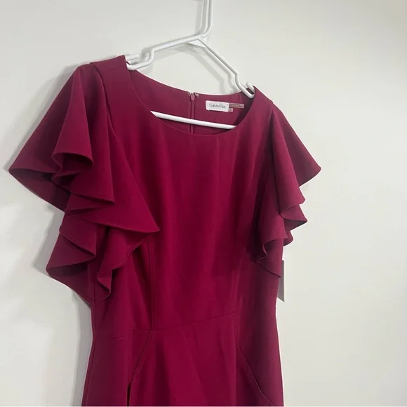 Calvin Klein Burgundy Ruffle Sleeves Sheath Dress US 8 Professional Dress - Picture 3 of 8